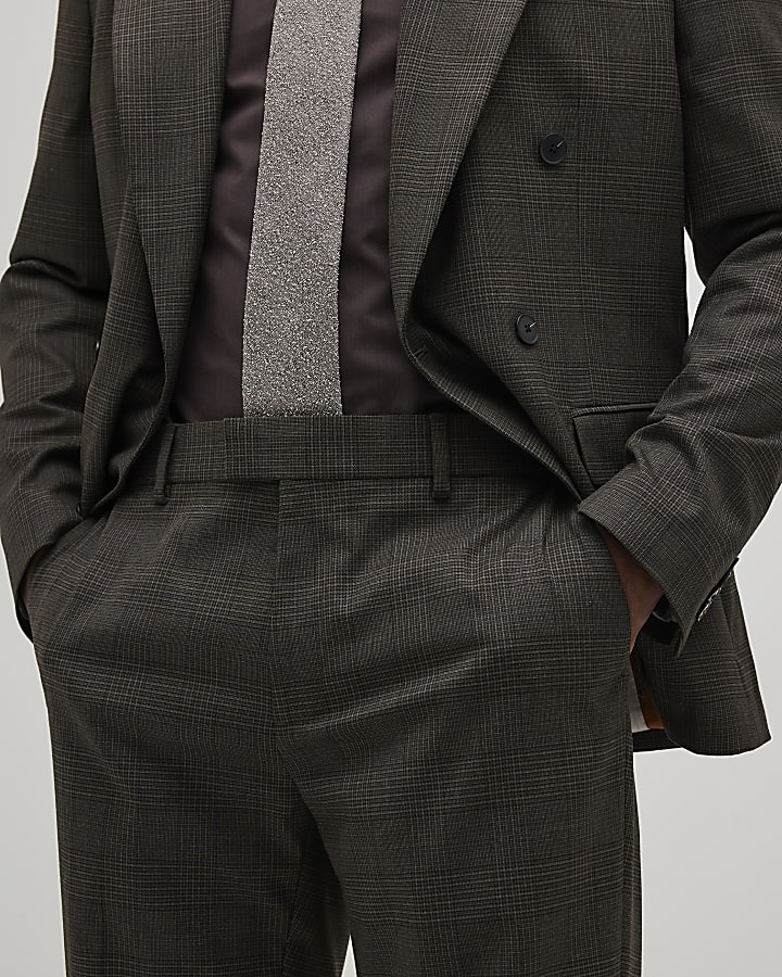 Brown Slim Fit Check Suit Trousers