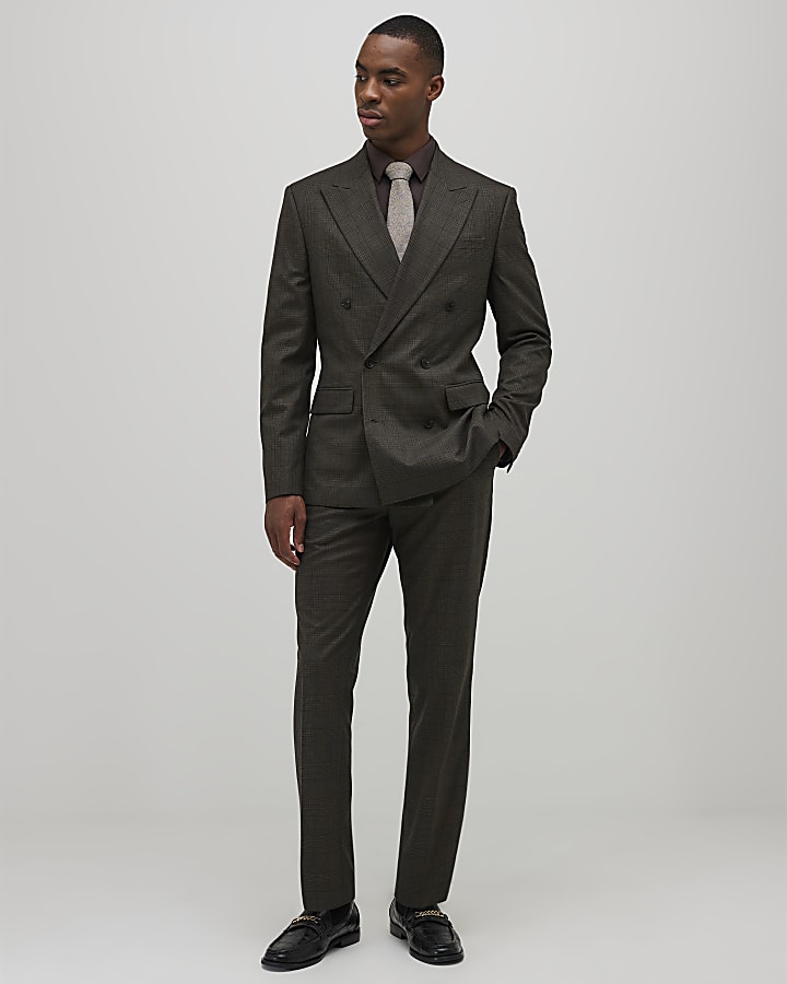 Brown Slim Fit Check Suit Trousers