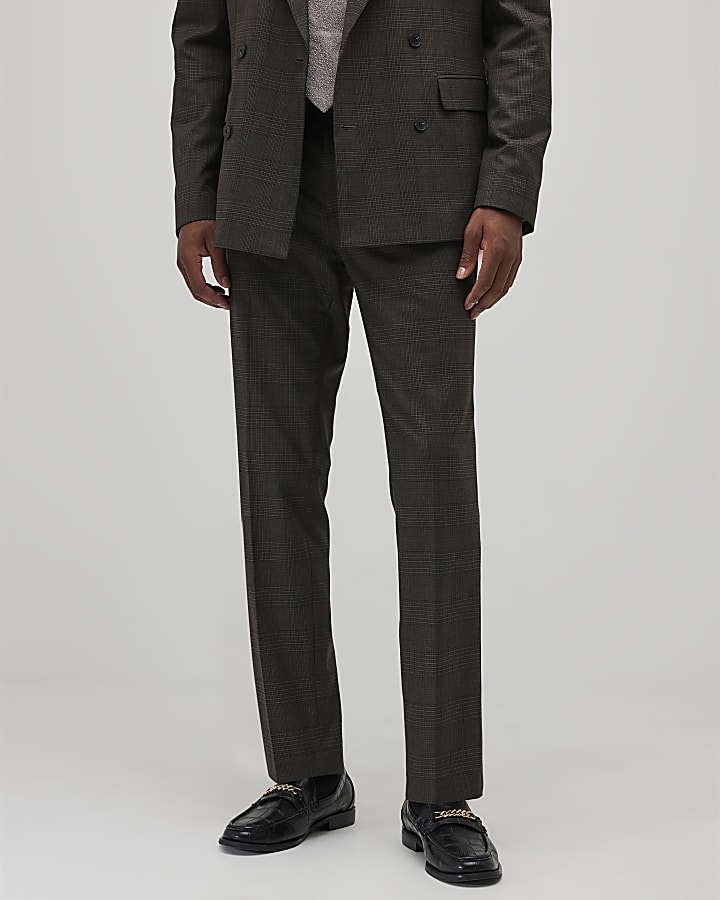 Brown Slim Fit Check Suit Trousers