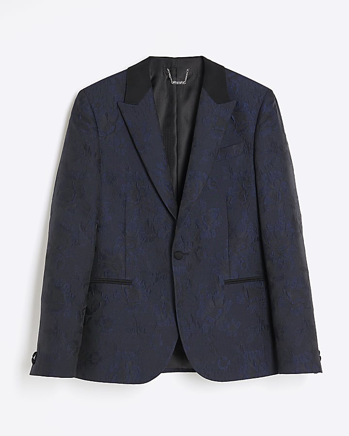 Navy Slim Fit Floral Jacquard Suit Jacket