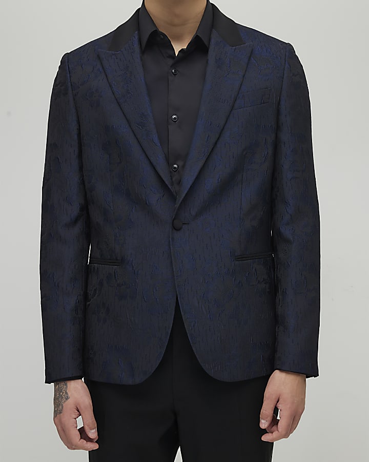 Navy Slim Fit Floral Jacquard Suit Jacket