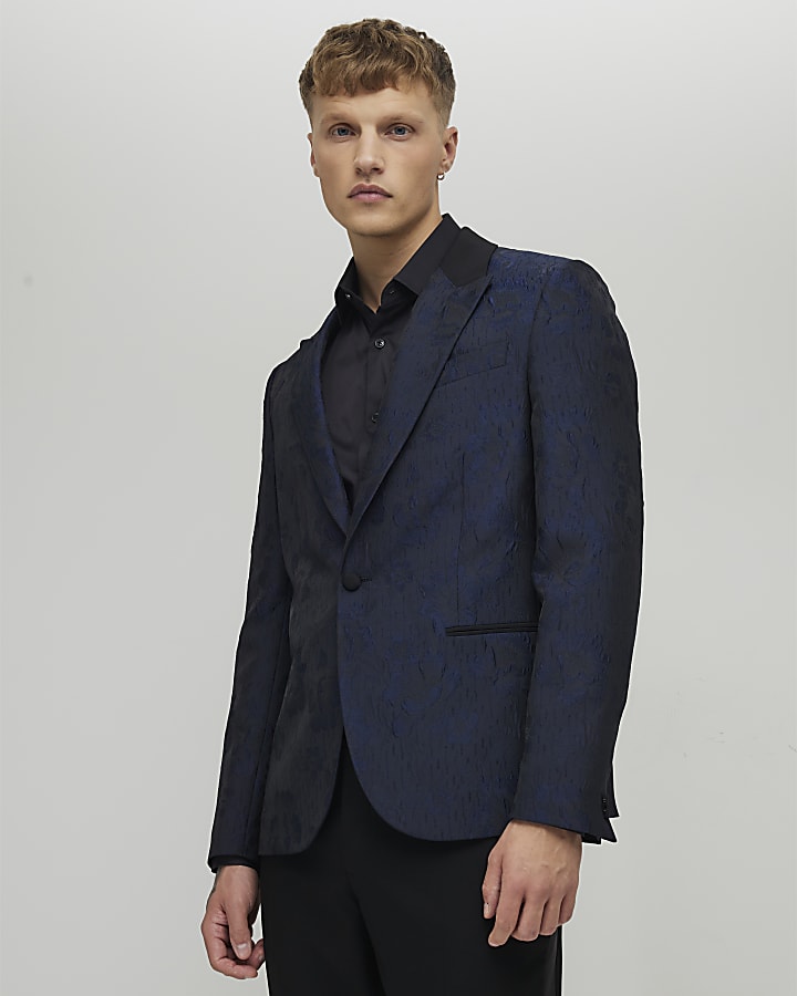 Navy Slim Fit Floral Jacquard Suit Jacket