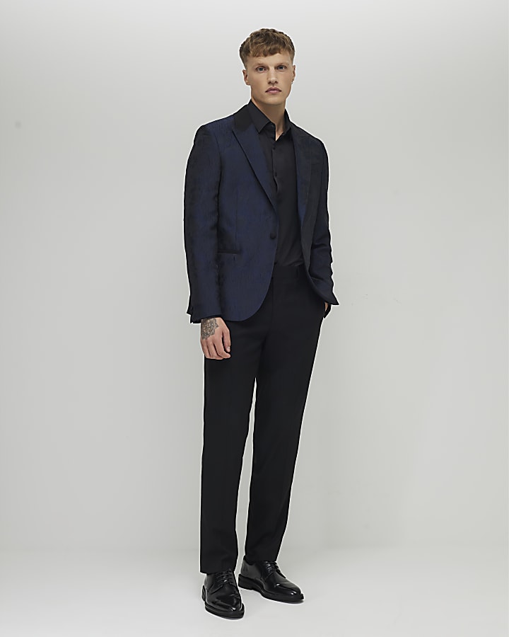 Navy Slim Fit Floral Jacquard Suit Jacket