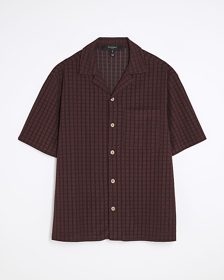 Red Regular Fit Grid Textured Revere Shirt