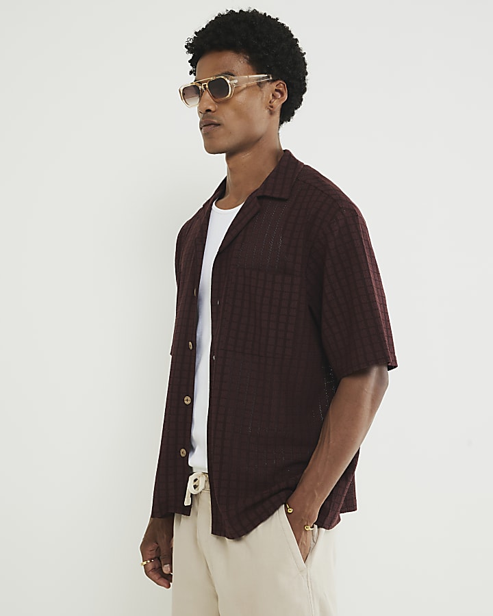 Red Regular Fit Grid Textured Revere Shirt