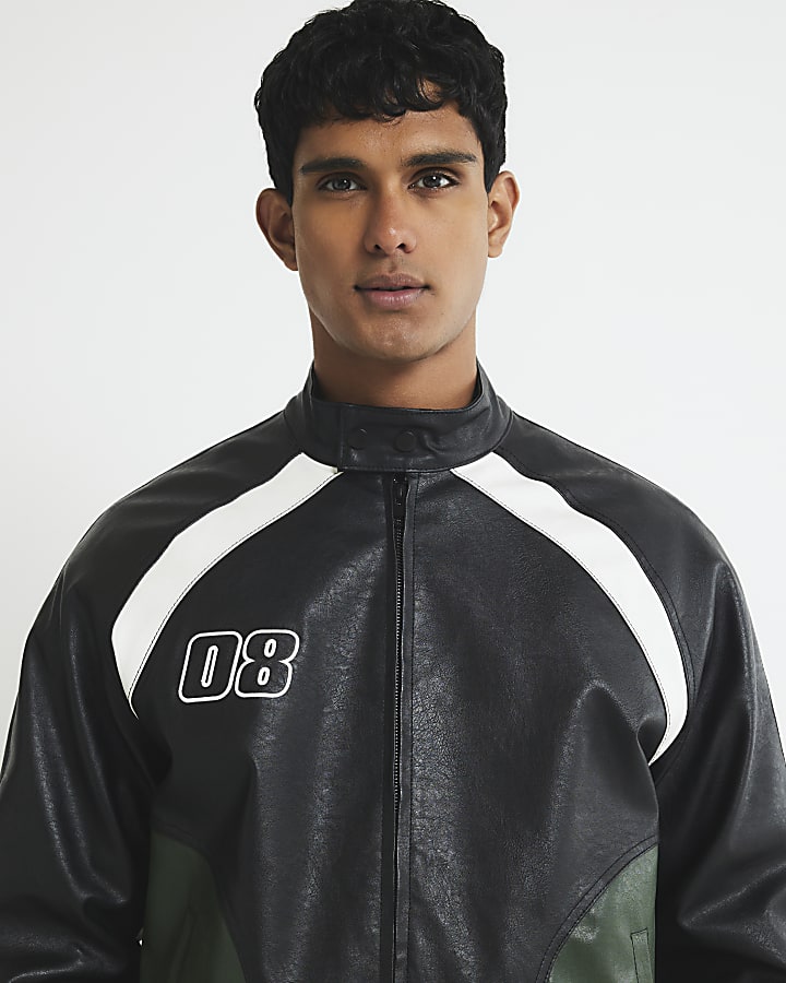 Black Faux Leather Colour Block Biker Jacket