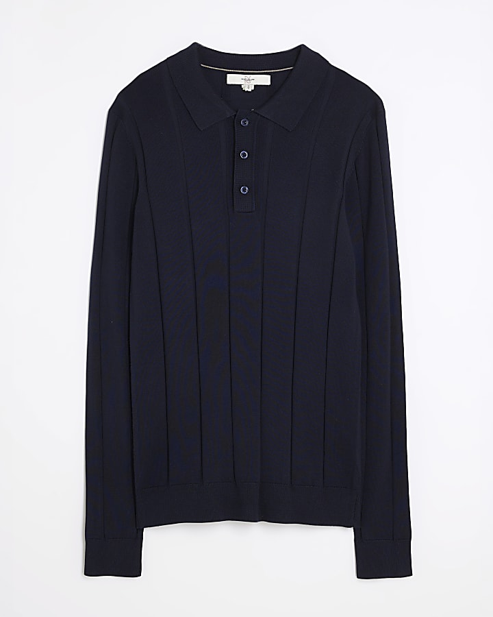 Navy Muscle Fit Ribbed Polo Shirt