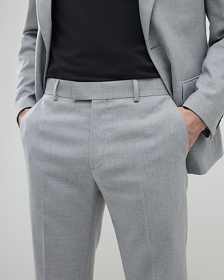 Grey Slim Fit Textured Suit Trousers