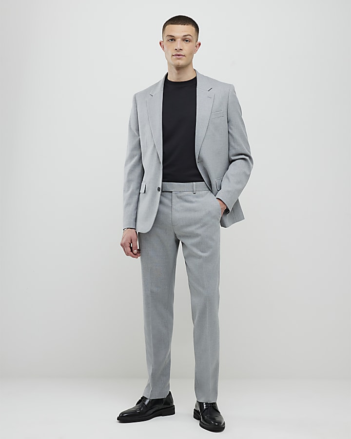 Grey Slim Fit Textured Suit Trousers