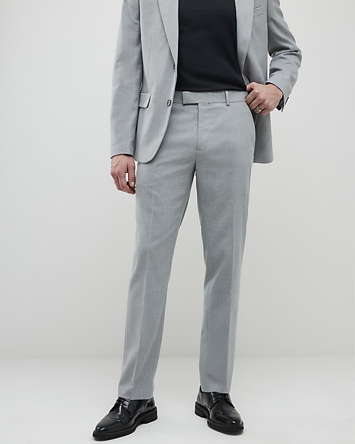 Grey Slim Fit Textured Suit Trousers
