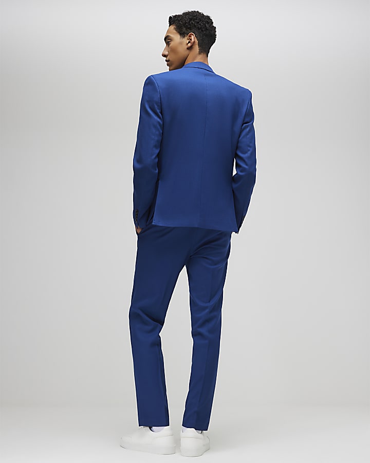 Blue Slim Fit Textured Suit Trousers