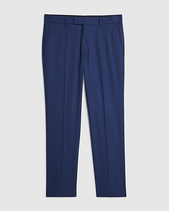 Blue Slim Fit Textured Suit Trousers