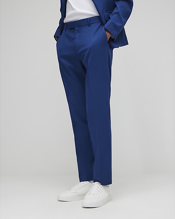 Blue Slim Fit Textured Suit Trousers