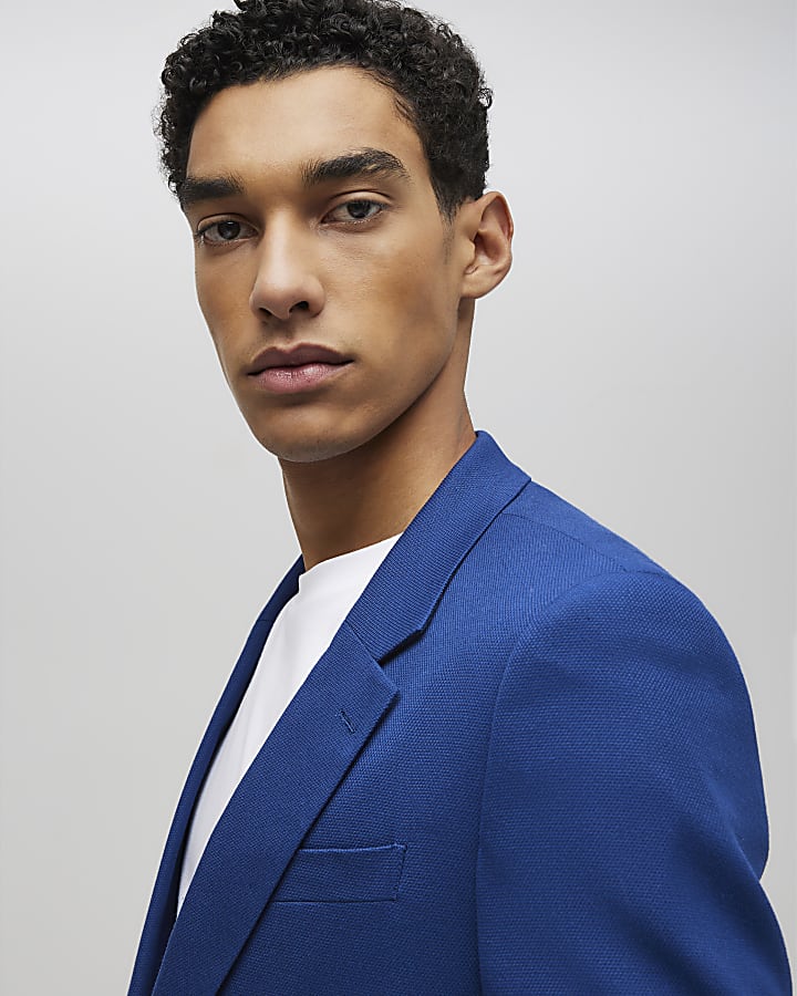 Blue Slim Fit Textured Suit Jacket