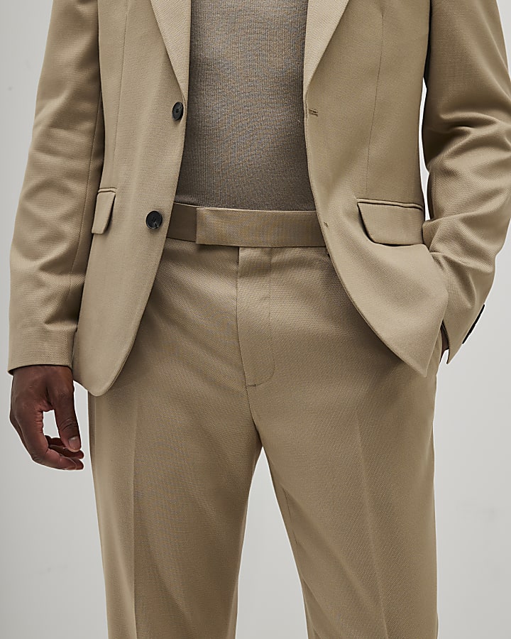 Beige Slim Fit Texture Suit Trousers