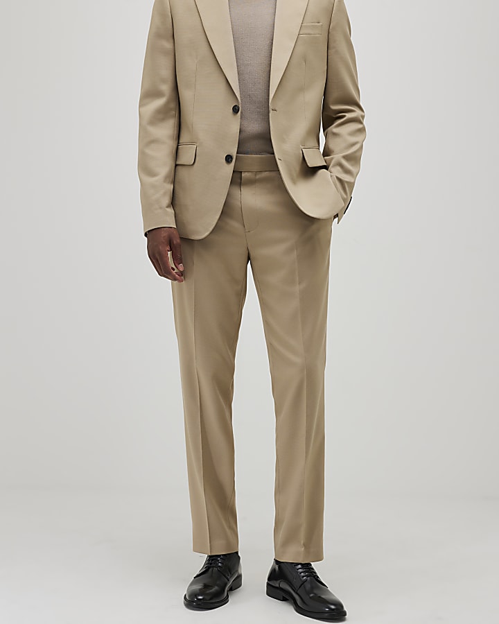 Beige Slim Fit Texture Suit Trousers