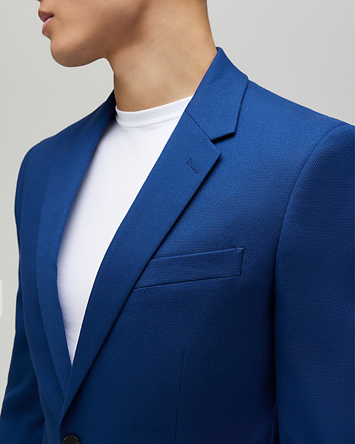 Blue Skinny Fit Textured Suit Jacket