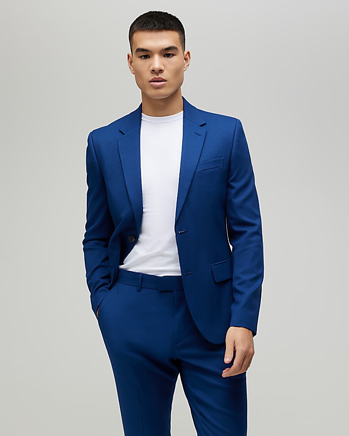Blue Skinny Fit Textured Suit Jacket