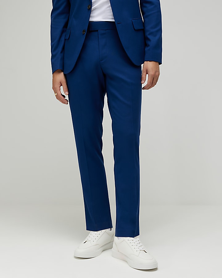 Blue Skinny Fit Textured Suit Trousers