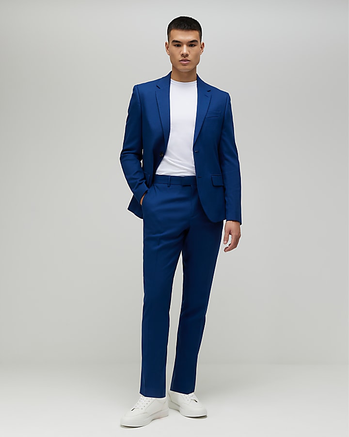 Blue Skinny Fit Textured Suit Trousers