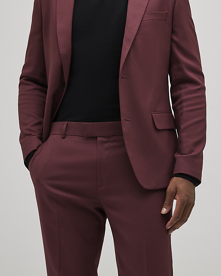 Red Skinny Fit Textured Suit Trousers