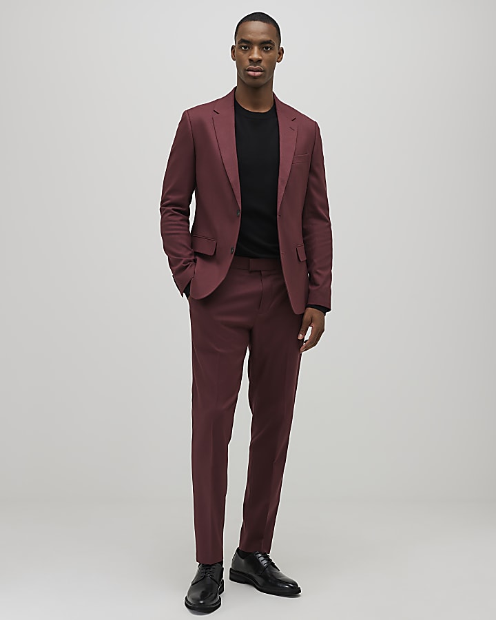 Red Skinny Fit Textured Suit Trousers