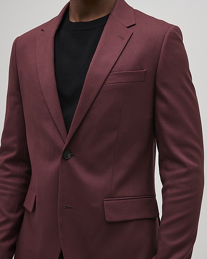 Red Skinny Fit Textured Suit Jacket
