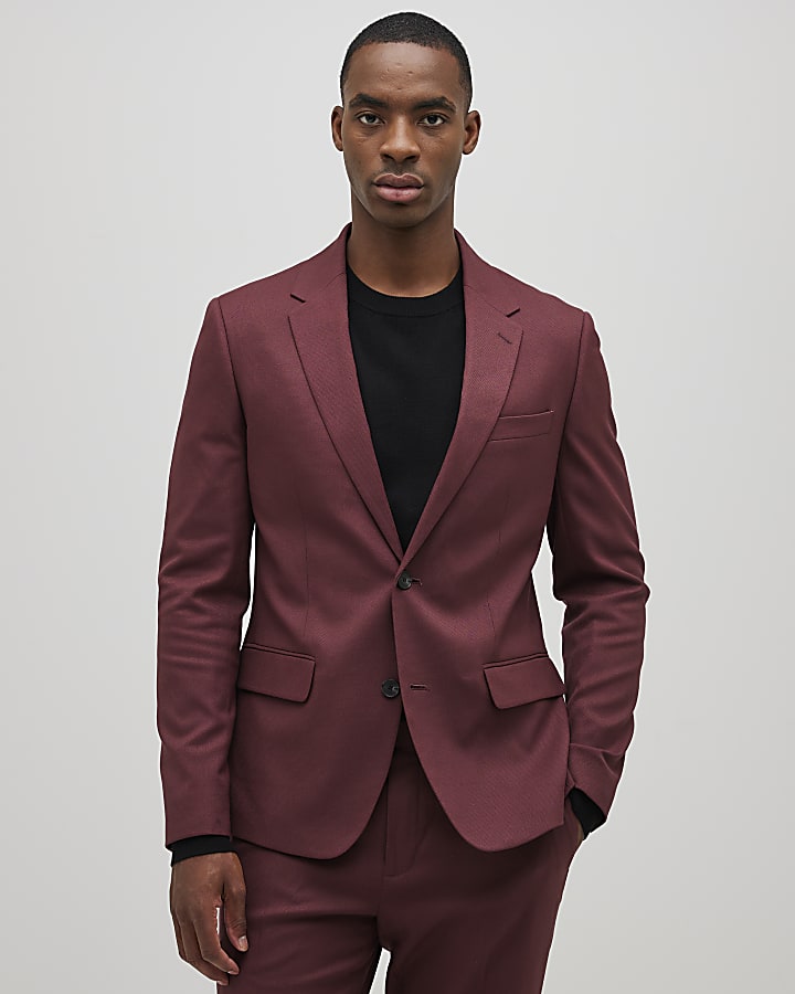 Red Skinny Fit Textured Suit Jacket