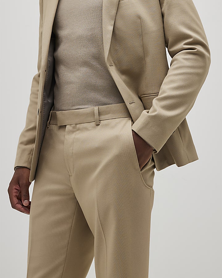 Stone Skinny Fit Textured Suit Trousers