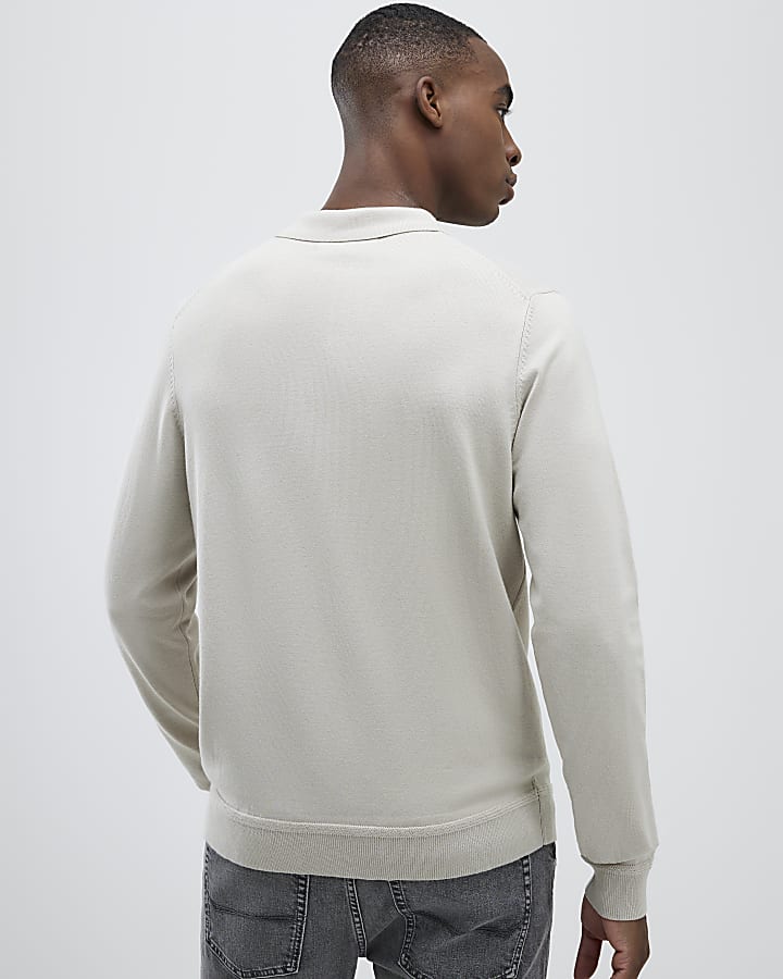 Beige Slim Fit Zipped Polo Shirt