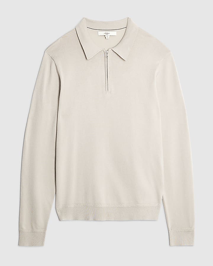 Beige Slim Fit Zipped Polo Shirt