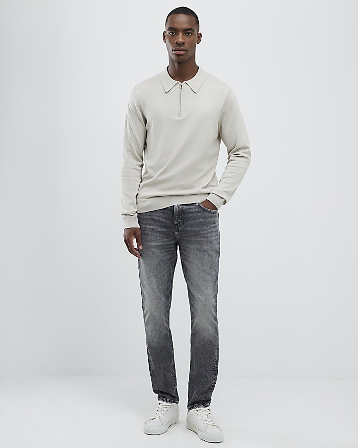 Beige Slim Fit Zipped Polo Shirt