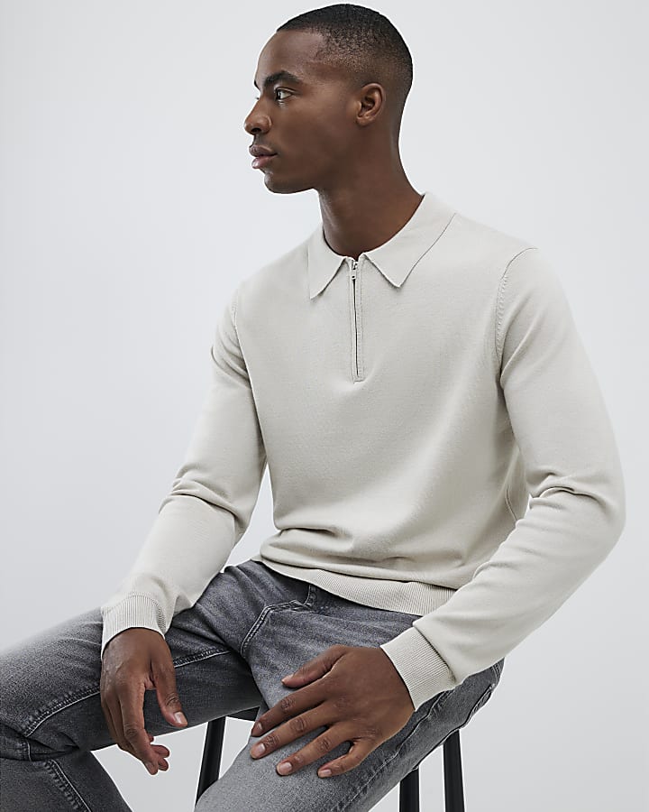 Beige Slim Fit Zipped Polo Shirt