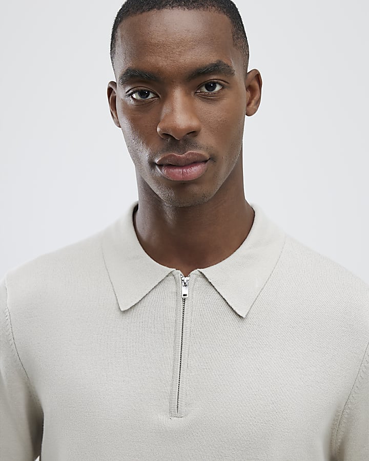 Beige Slim Fit Zipped Polo Shirt