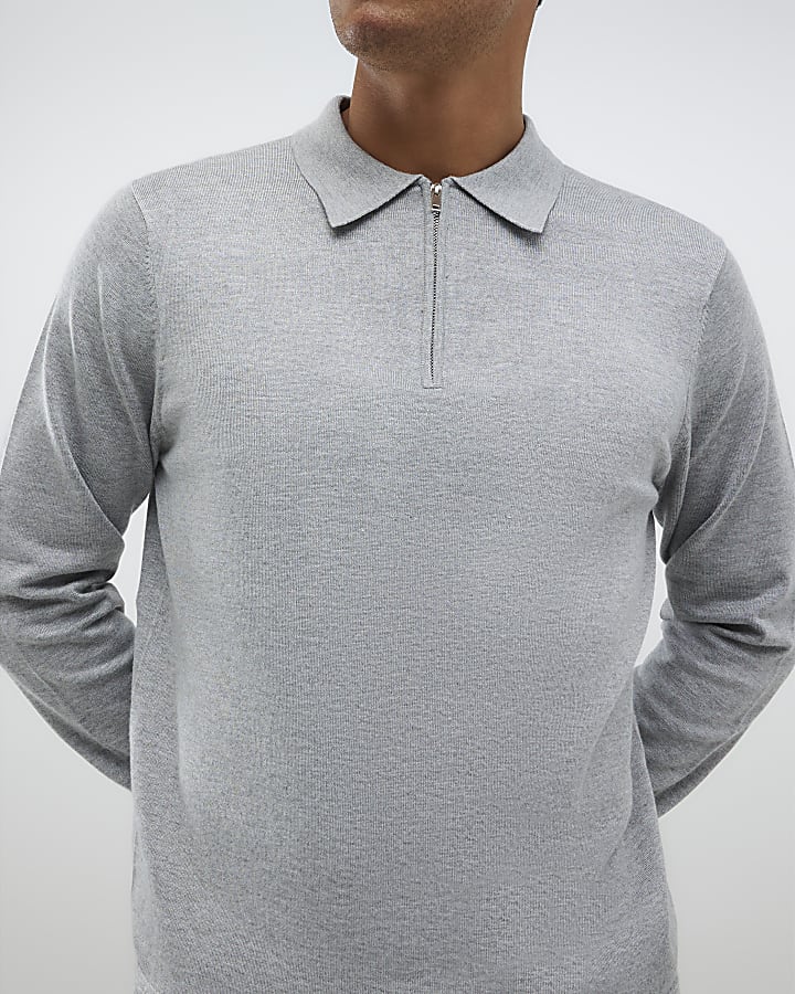 Grey Slim Fit Zipped Polo Shirt