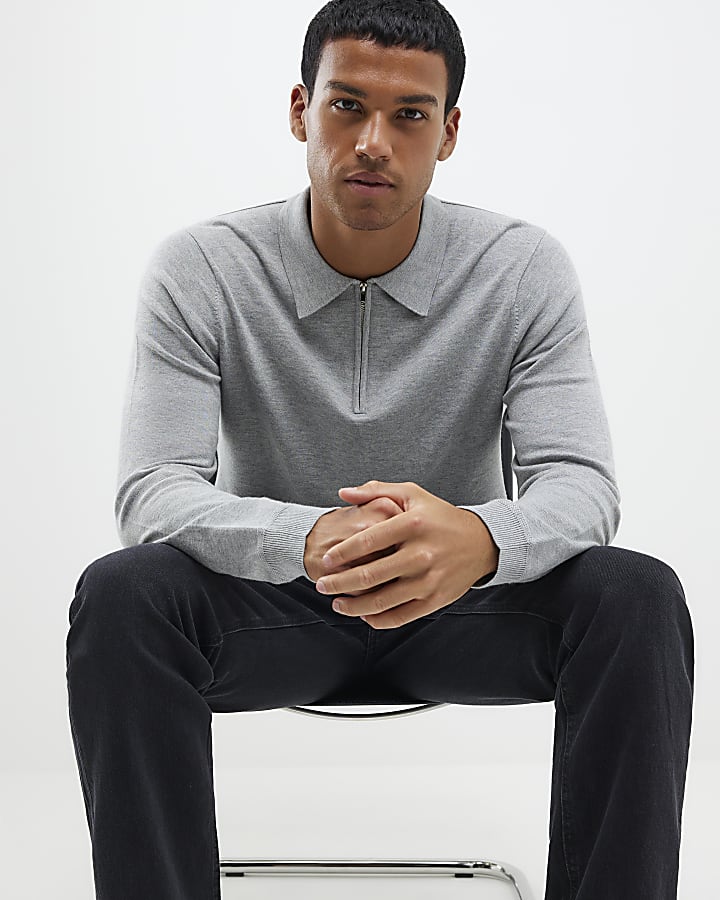 Grey Slim Fit Zipped Polo Shirt