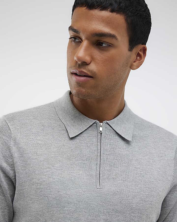 Grey Slim Fit Zipped Polo Shirt
