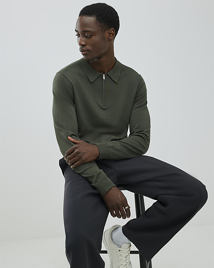 Khaki Slim Fit Zipped Polo Shirt
