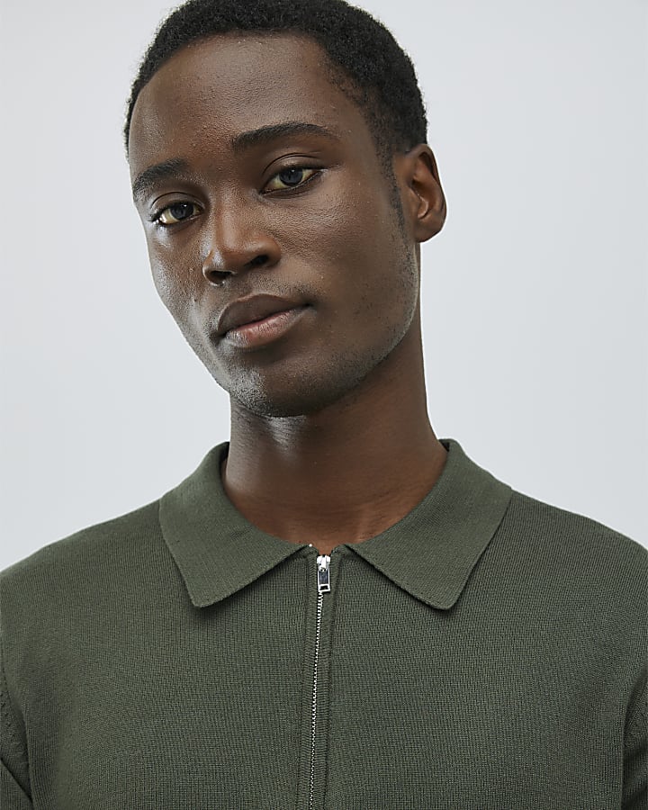 Khaki Slim Fit Zipped Polo Shirt