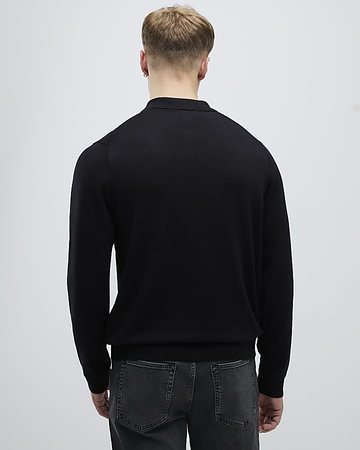 Black Slim Fit Long Sleeve Polo Shirt