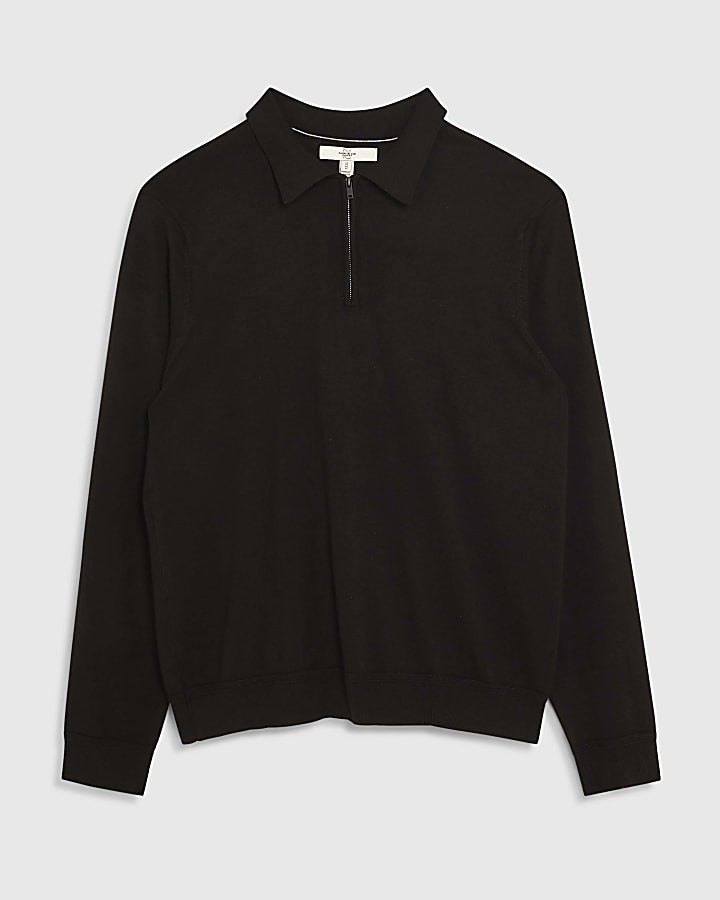 Black Slim Fit Long Sleeve Polo Shirt