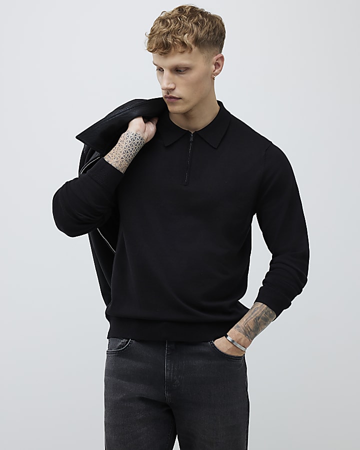 Black Slim Fit Long Sleeve Polo Shirt