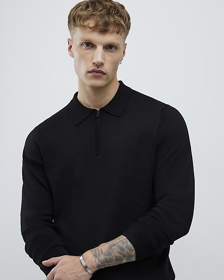 Black Slim Fit Long Sleeve Polo Shirt