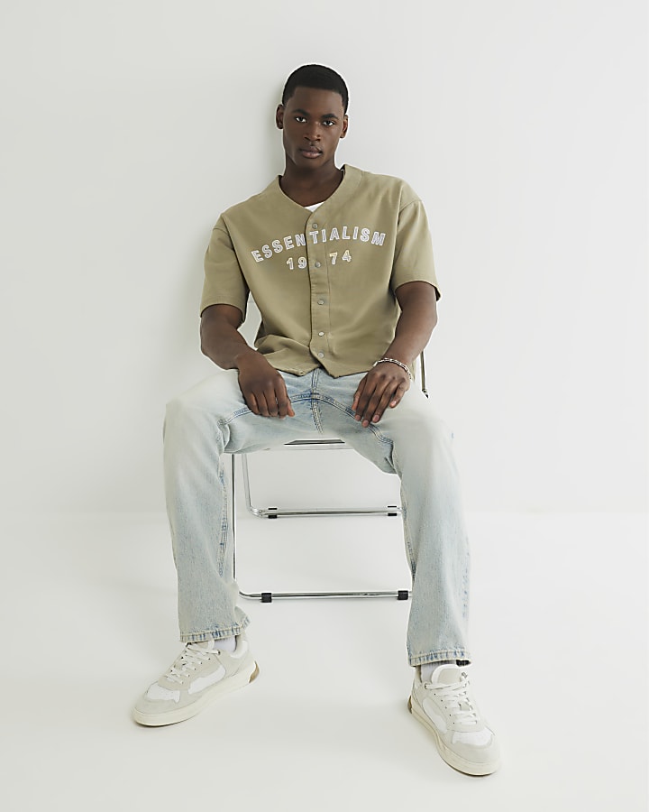 Blue Straight Leg Embroidered Jeans