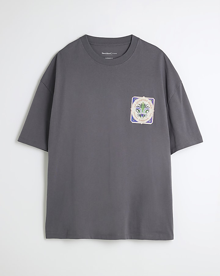 Grey Cropped Fit Tile Print T-Shirt