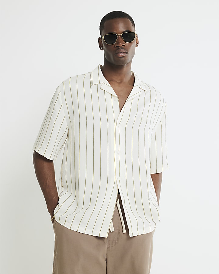 Stone Boxy Fit Striped Revere Shirt