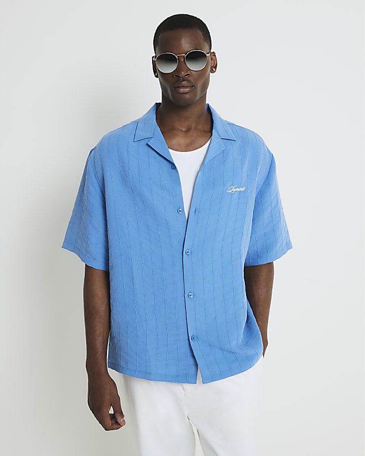 Blue Boxy Fit Luminis Stripe Revere Shirt