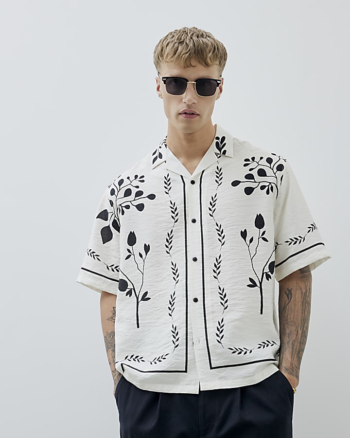 Cream Regular Fit Floral Border Shirt