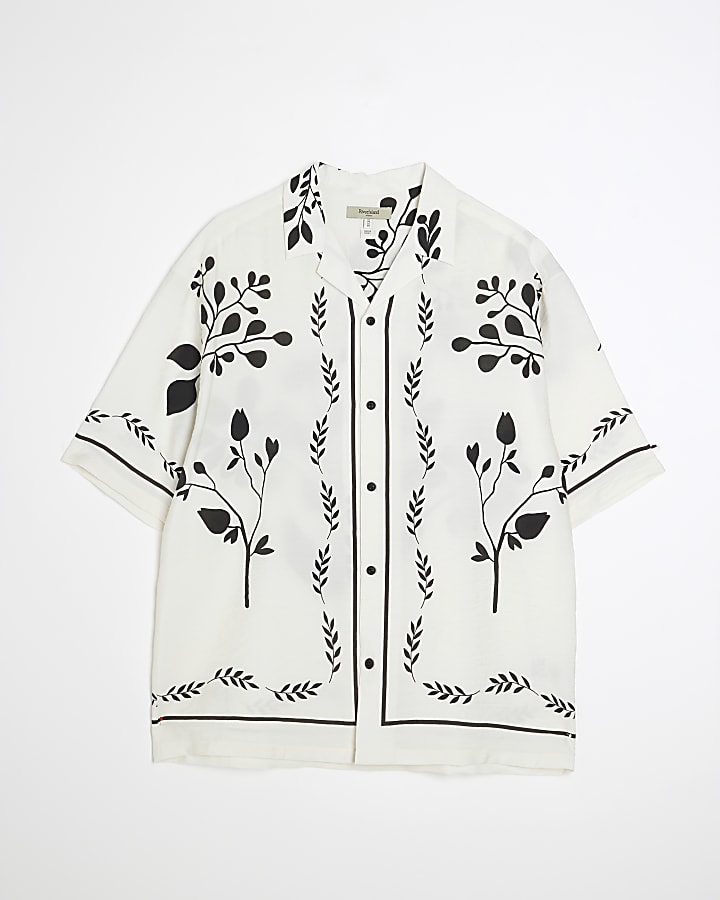Cream Regular Fit Floral Border Shirt