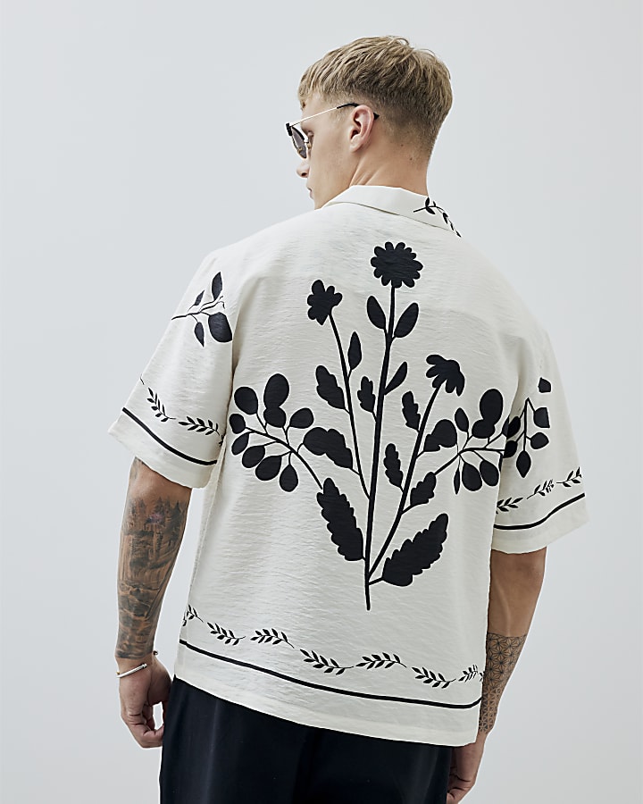 Cream Regular Fit Floral Border Shirt
